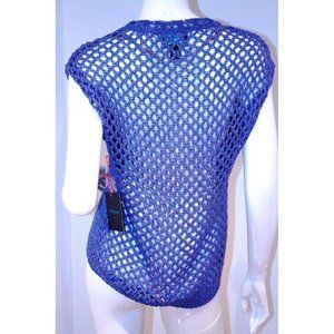 CYNTHIA ROWLEY Knit BLUE Glitter  Assymetric Hem SWEATER Top ( M )